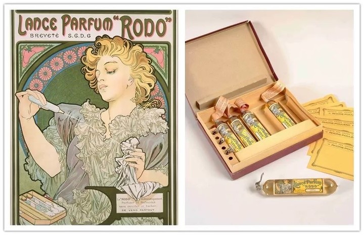 左：慕夏，“罗多”香水海报，1896年 右：慕夏，“罗多”香水的香水瓶和包装盒组合，1896年